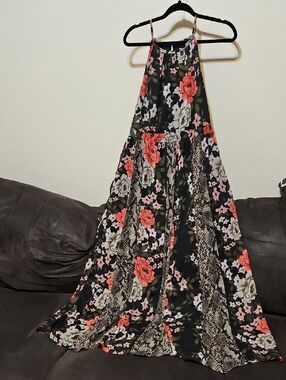INC International Concepts Black Floral Maxi Dress with Coral and Pink Accents